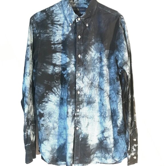 Ralph Lauren Cotton Blue Shirt Tie Dye  Casual Button Down Dress Size 16 Xl - Picture 1 of 5